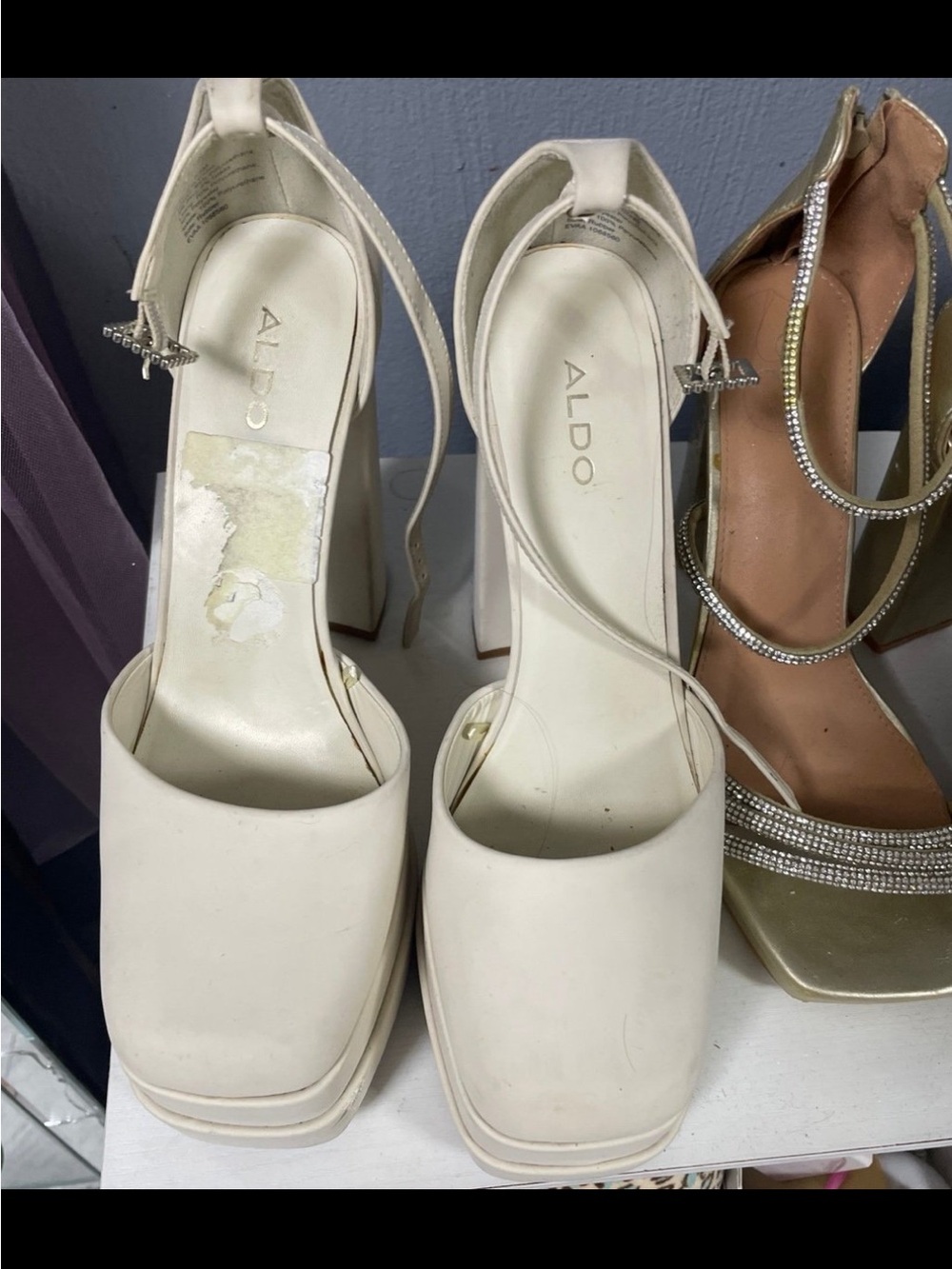 ALDO Elegant White grandle ankle Platform rhinestone strap Ankle-Strap Heels - Picture 3 of 5